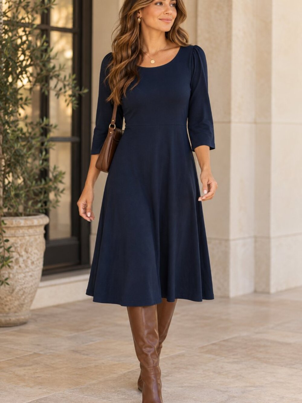 Wool& Renata Navy Blue Merino Wool Fit & Flare Midi Dress Size M